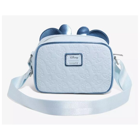 Disney Loungefly Minnie Mouse Crossbody Bag Blue Satin Bow Butterfly Embossed - Picture 2 of 4